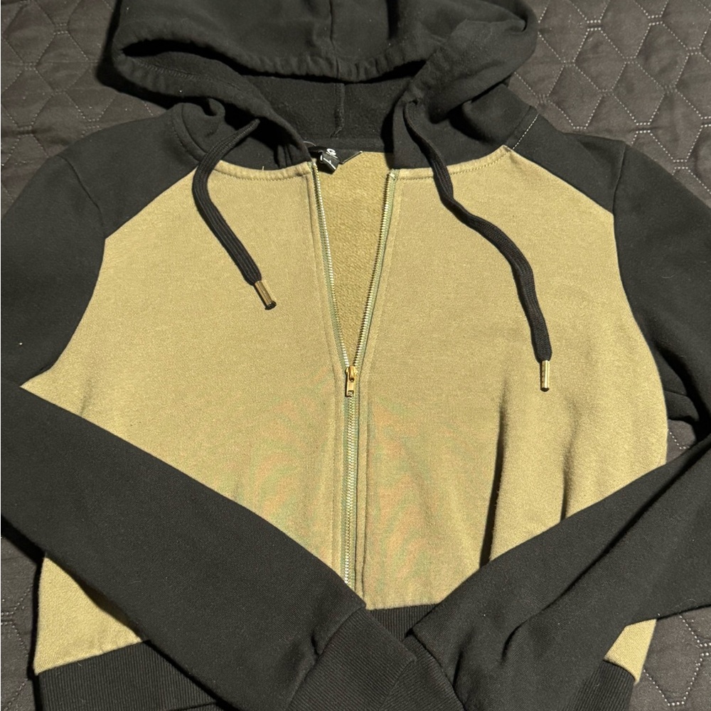 Black and Olive Zip-Up Hoodie - Women Tops - Picture 2 of 4